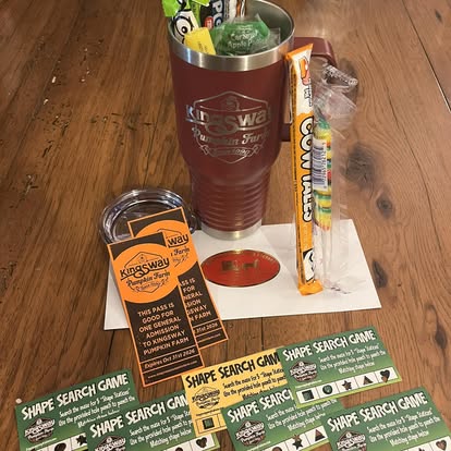 Kingsway general admission pass, tumbler and Shape Search maze game cards